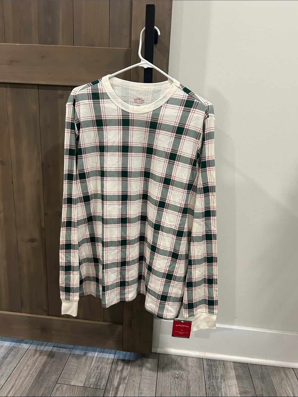 Wondershop Cream Plaid Long Sleeve Tee with Green and Red Accents